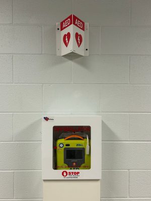 An AED station located in the Public Safety Building